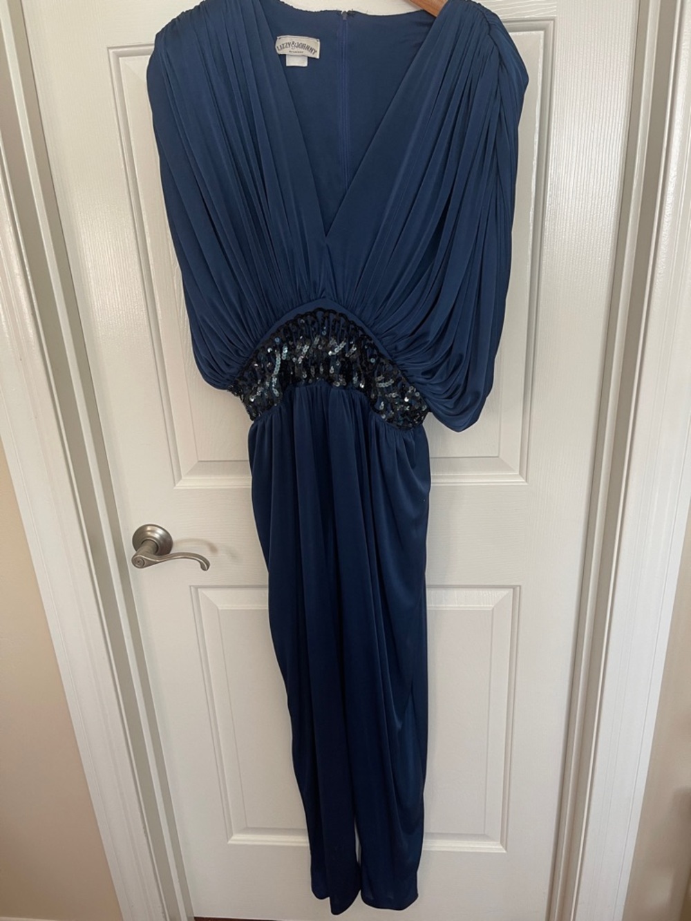 Dynasty Sequined Waist Navy Evening Jumpsuit - Women M - Picture 4 of 9
